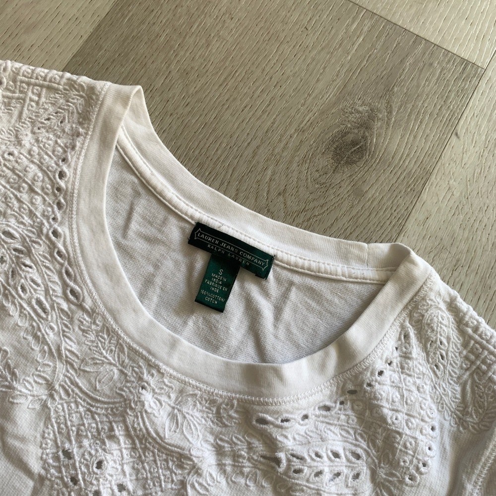 Lauren Ralph Lauren White Eyelet Lace Neckline Cotton Top Small Cottagecore Boho